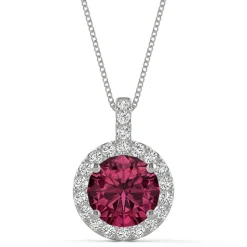Moissanite & Lab Created Ruby Halo Pendant In 14K White Gold