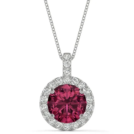 Moissanite & Lab Created Ruby Halo Pendant In 14K White Gold