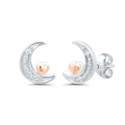 Moon Stud Earrings With Diamond Accents In Sterling Silver