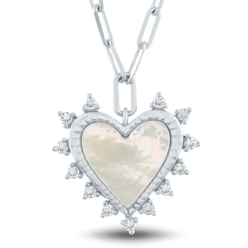 Mother Of Pearl And Lab-Created White Sapphire Heart Burst Pendant In Sterling Silver