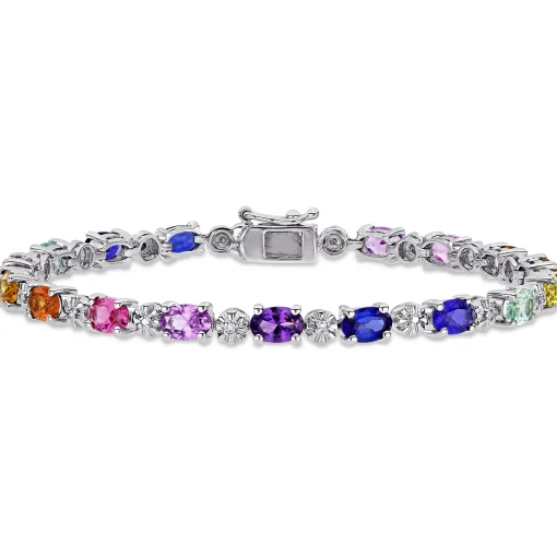 Multi-Color Lab Created Sapphire Bracelet With Diamond Accents In Sterling Silver