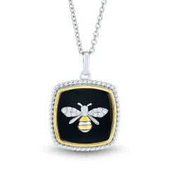 Onyx & Lab Created White Sapphire Bee Pendant In Sterling Silver & 10K Yellow Gold