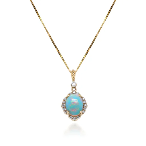 Opal And Diamond Oval-Shaped Pendant In 10K Yellow Gold (1/5 Ct. Tw.)