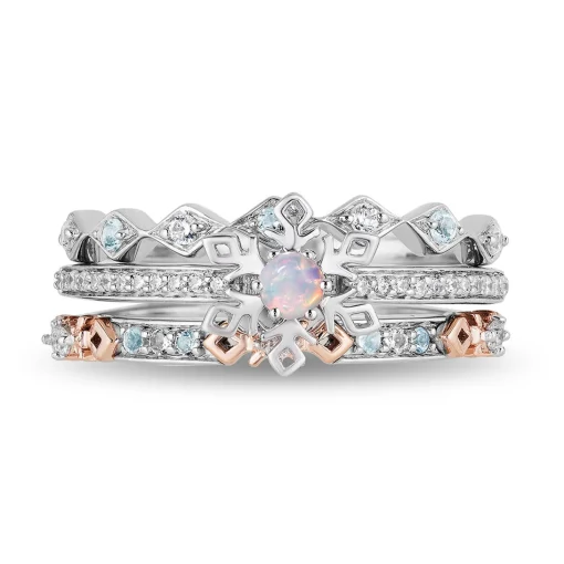 Opal, Diamond & Blue Topaz Elsa Trio Ring Set In Sterling Silver & 10K Rose Gold