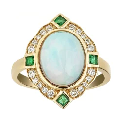 Opal, Emerald & 1/5 Ct. Tw. Diamond Ring In 10K Yellow Gold