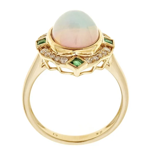 Opal, Emerald & 1/5 Ct. Tw. Diamond Ring In 10K Yellow Gold