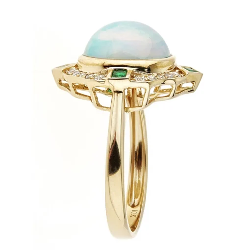Opal, Emerald & 1/5 Ct. Tw. Diamond Ring In 10K Yellow Gold