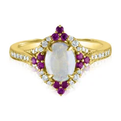 Opal, Ruby & 1/5 Ct. Tw. Diamond Ring In 10K Yellow Gold