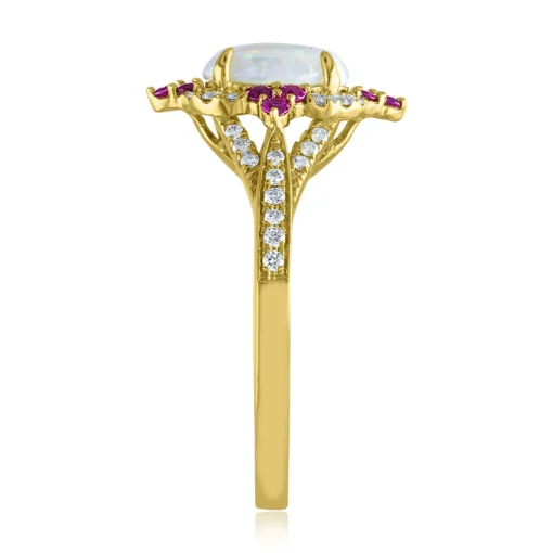 Opal, Ruby & 1/5 Ct. Tw. Diamond Ring In 10K Yellow Gold