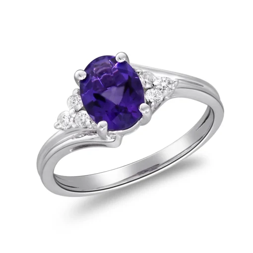 Oval Amethyst & Diamond Ring In 10K White Gold (1/8 Ct. Tw.)