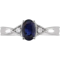 Oval Blue Sapphire & Diamond Ring With Milgrain Detail In 14K White Gold