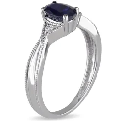 Oval Blue Sapphire & Diamond Ring With Milgrain Detail In 14K White Gold