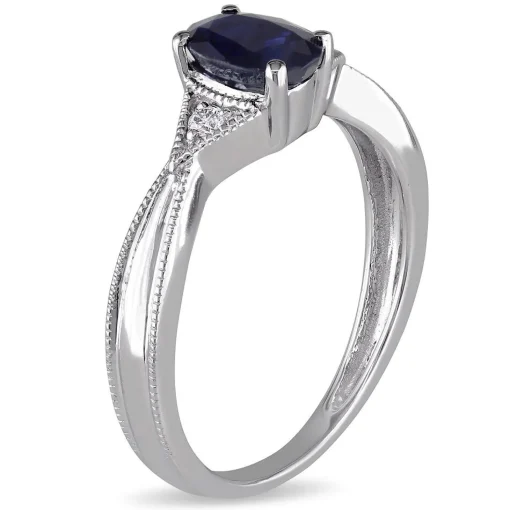 Oval Blue Sapphire & Diamond Ring With Milgrain Detail In 14K White Gold
