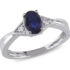 Oval Blue Sapphire & Diamond Ring With Milgrain Detail In 14K White Gold