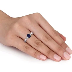 Oval Blue Sapphire & Diamond Ring With Milgrain Detail In 14K White Gold