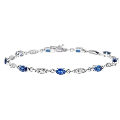 Oval Blue Sapphire And Diamond Bracelet In 10K White Gold (1/3 Ct. Tw.)