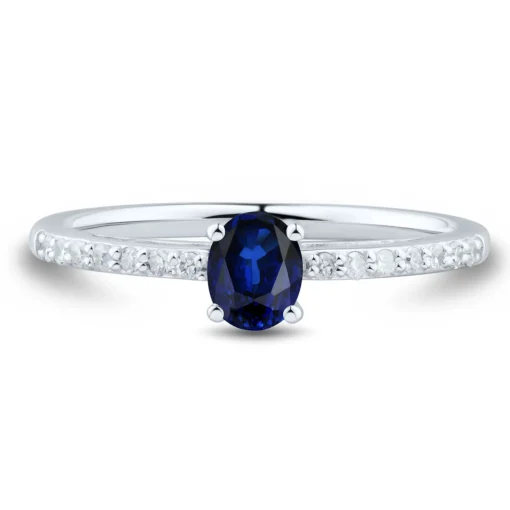Oval Blue Sapphire Ring With Diamonds In 10K White Gold (1/10 Ct. Tw.)