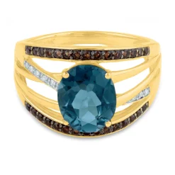 Oval Blue Topaz Ring With Smoky Topaz & Diamond Accents In 10K Yellow Gold