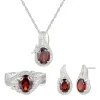 Oval Garnet & Lab Created White Sapphire Earring, Pendant & Ring Set In Sterling Silver