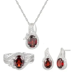 Oval Garnet & Lab Created White Sapphire Earring, Pendant & Ring Set In Sterling Silver