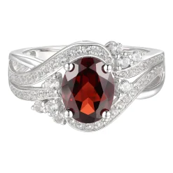 Oval Garnet & Lab Created White Sapphire Earring, Pendant & Ring Set In Sterling Silver