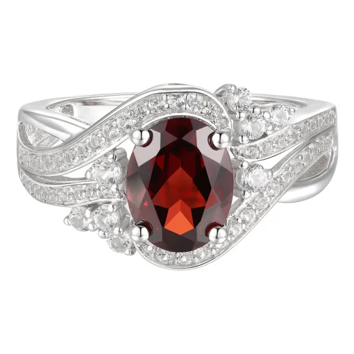 Oval Garnet & Lab Created White Sapphire Earring, Pendant & Ring Set In Sterling Silver