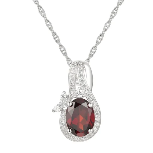 Oval Garnet & Lab Created White Sapphire Earring, Pendant & Ring Set In Sterling Silver