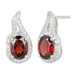 Oval Garnet & Lab Created White Sapphire Earring, Pendant & Ring Set In Sterling Silver