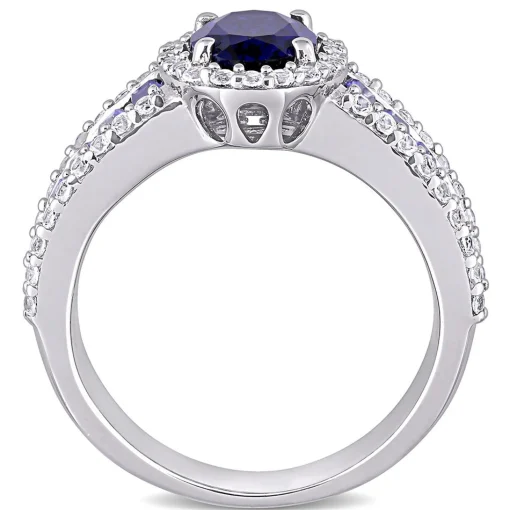 Oval Lab Created Blue & White Sapphire Halo Ring In Sterling Silver