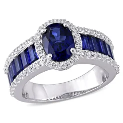 Oval Lab Created Blue & White Sapphire Halo Ring In Sterling Silver