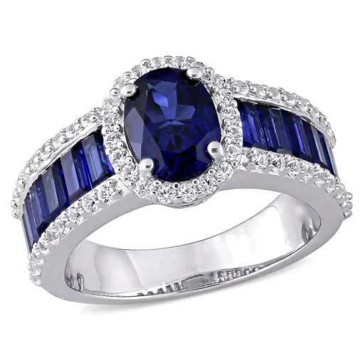 Oval Lab Created Blue & White Sapphire Halo Ring In Sterling Silver