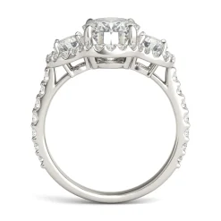 Oval Moissanite Three-Stone Ring With Halo In 14K White Gold