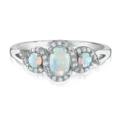 Oval Opal & Diamond Three-Stone Ring In 14K White Gold (1/7 Ct. Tw.)