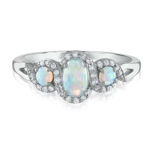 Oval Opal & Diamond Three-Stone Ring In 14K White Gold (1/7 Ct. Tw.)