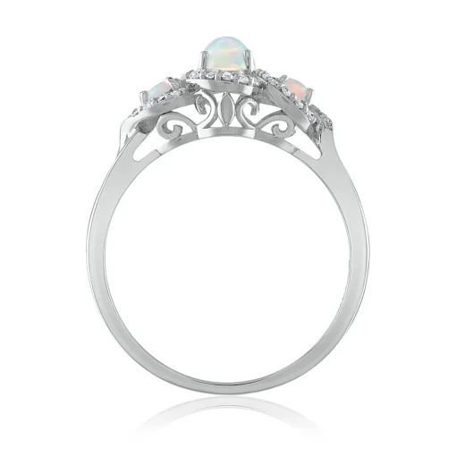 Oval Opal & Diamond Three-Stone Ring In 14K White Gold (1/7 Ct. Tw.)