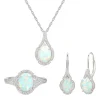 Oval Opal & Lab Created White Sapphire Earring, Pendant & Ring Set In Sterling Silver