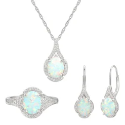Oval Opal & Lab Created White Sapphire Earring, Pendant & Ring Set In Sterling Silver