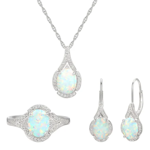 Oval Opal & Lab Created White Sapphire Earring, Pendant & Ring Set In Sterling Silver