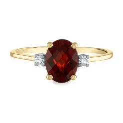 Oval Red Garnet & Diamond Accent Ring In 14K Yellow Gold