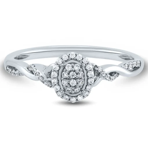 Oval-Shaped Lab Grown Diamond Halo Twist Promise Ring In 14K White Gold (1/5 Ct. Tw.)