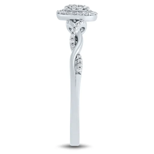 Oval-Shaped Lab Grown Diamond Halo Twist Promise Ring In 14K White Gold (1/5 Ct. Tw.)