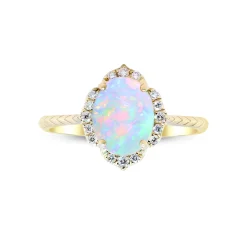Oval-Shaped Opal And Diamond Ring In 10K Yellow Gold