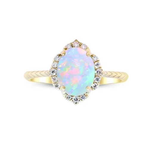 Oval-Shaped Opal And Diamond Ring In 10K Yellow Gold