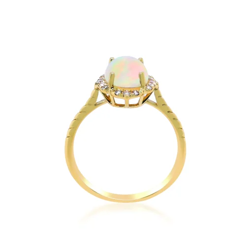 Oval-Shaped Opal And Diamond Ring In 10K Yellow Gold