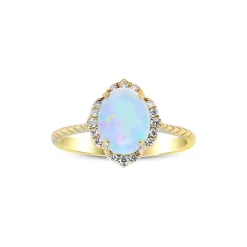 Oval-Shaped Opal And Diamond Ring In 10K Yellow Gold