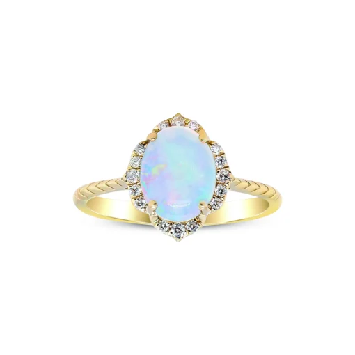 Oval-Shaped Opal And Diamond Ring In 10K Yellow Gold