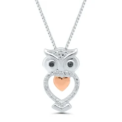 Owl Pendant With Black Diamond Accents In Sterling Silver