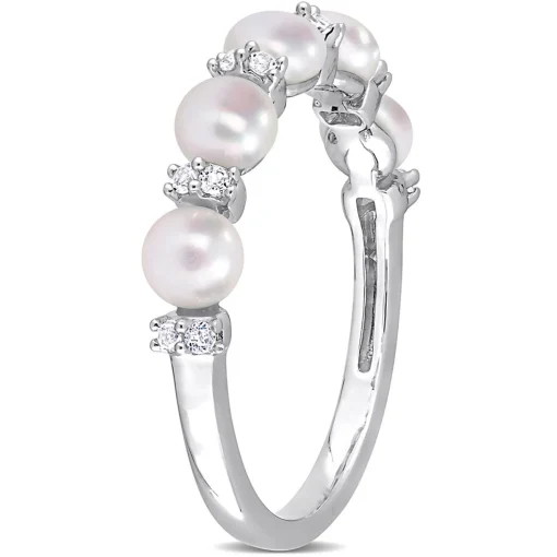 Pearl Stacking Ring With White Topaz In Sterling Silver