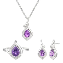 Pear-Shaped Amethyst & Lab Created White Sapphire Earring, Pendant & Ring Set In Sterling Silver