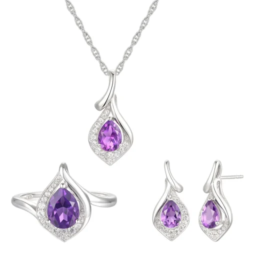 Pear-Shaped Amethyst & Lab Created White Sapphire Earring, Pendant & Ring Set In Sterling Silver